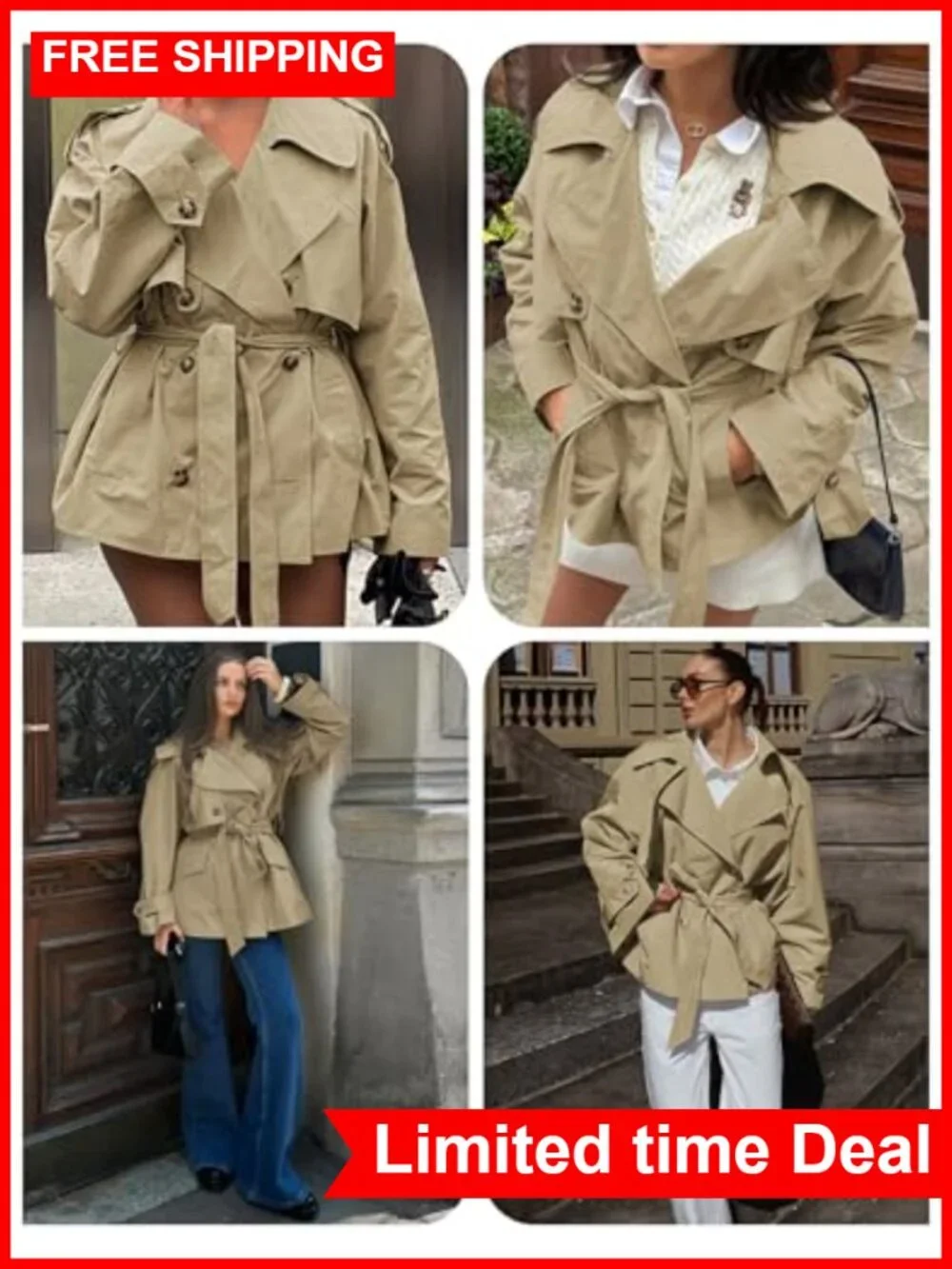 Cropped Trench Coat 100% Cotton Double Breasted Belt Women